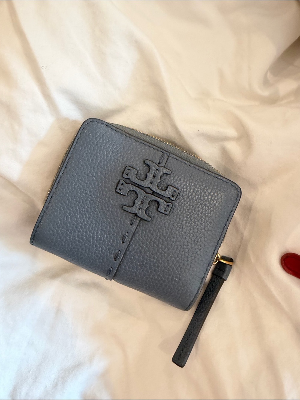Tory Burch Pebbled Leather Zip Wallet in Slate Blue Gray